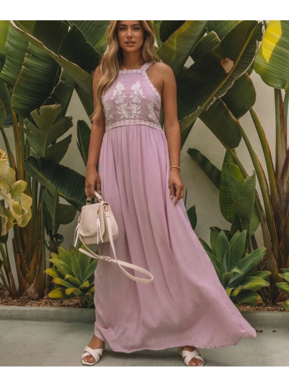 En Creme Soft Lilac Halter Maxi Dress with White Floral Appliqué